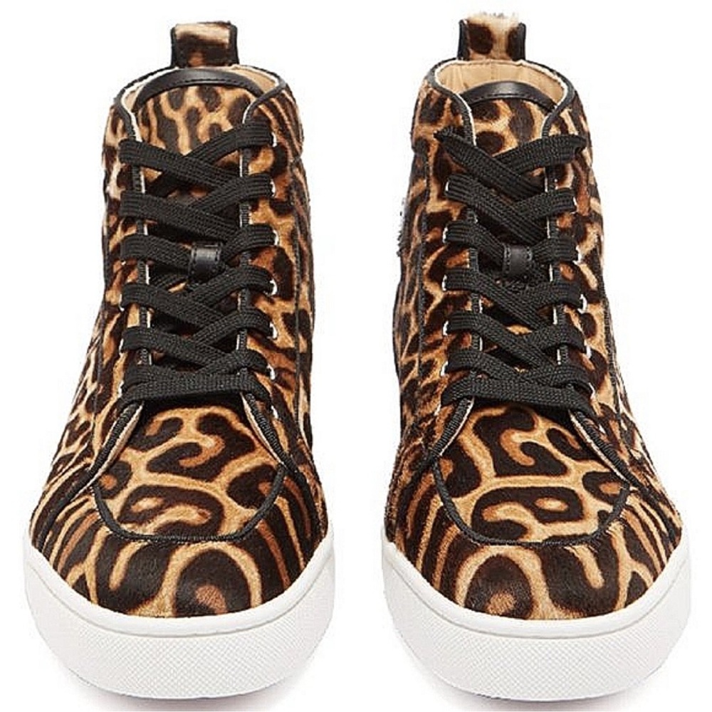Louboutin men’s Leopard Print High-Top mohair Sneakers - Brown